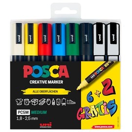 Faber-Castell 186826 Uni-Ball Posca Marker Set, Case of 8 Acrylic Pens PC-5M, 1.8–2.5 mm, 6 Standard Colours + 2 Changing Special Colours