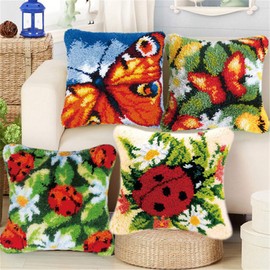 LAPATAIN Latch Hook Kits for DIY Throw Pillow Cover,Needlework Cushion Cover Hand Craft Crochet for Great Family 15.7X15.7inch Ladybug(Green LA113)