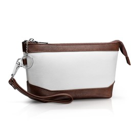 Vulkitty Wristlet Handbag Vegan Leather for Women with Detachable Wristlet and Keychain, Zipper Closure, Large Main Compartment with inner 6 Card Slots and a Zip Pocket, White and Brown