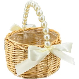 Wicker Rattan Flower Girl Basket with Bows,Pearl Handle Flower Basket,Wedding Flower Girl Basket and Home Decorations.