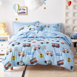 Freyamy Children's Bed Linen 135 x 200 cm Blue Colourful Cartoon Car Boys Children's Bed Linen Microfibre Cars Car Baby Bedding Duvet Cover with Zip and Pillowcase 80 x 80 cm