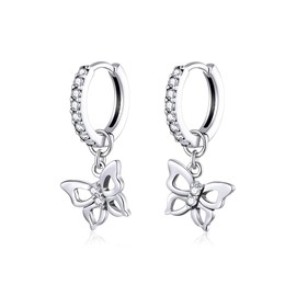Presentski Butterfly Hoop Earrings with Cubic Zirconia - Dangle Hoops Huggie Earring with Butterfly-Shaped, 925 Sterling Silver Butterfly Animal Earrings for Women Teen Girls