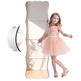 Doeean Wavy Full Length Mirror Shatterproof Acrylic Wall Mirror Tiles 47" x 14"(4 Pcs 12"x14"), Non-Glass Safety Body Mirrors for Baby Kids Playroom, Frameless Dorm Mirror Door Mirror Gym Mirror