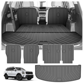 T TGBROS Cargo Mat for Kia Telluride 2020-2025 2026 All Weather Cargo Trunk Mat Cargo Liner Back Seat Cover Protector TPE Black Non-Slip Backrest Mats Trunk Mat(for 7 Seats)