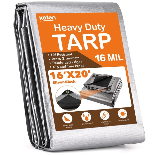 Keten Tarps Heavy Duty Waterproof 16’ X 20’, Extra Thick 16 Mil, Tear & Fade Resistant, 100% UV Blocking, Outdoor Tarp with Reinforced Grommets for Roof, Camping, Patio, Pool, Boat(Silver/Black)