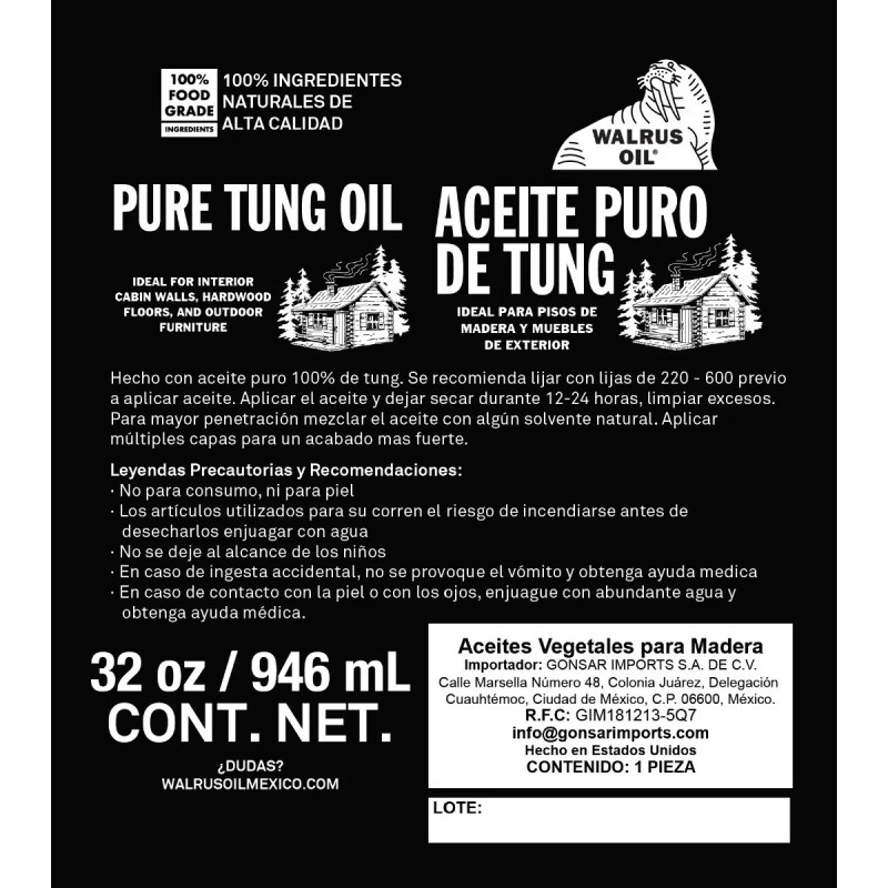 Walrus Oil Aceite Muebles Exterior 32 Oz/946ml 100% Natural