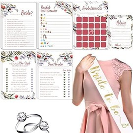 Floral Bridal Shower Games – Set of 6 (50 Cards Each) w/Bride to Be Sash & 25 Adjustable Silver Diamond Engagement Rings Greenery