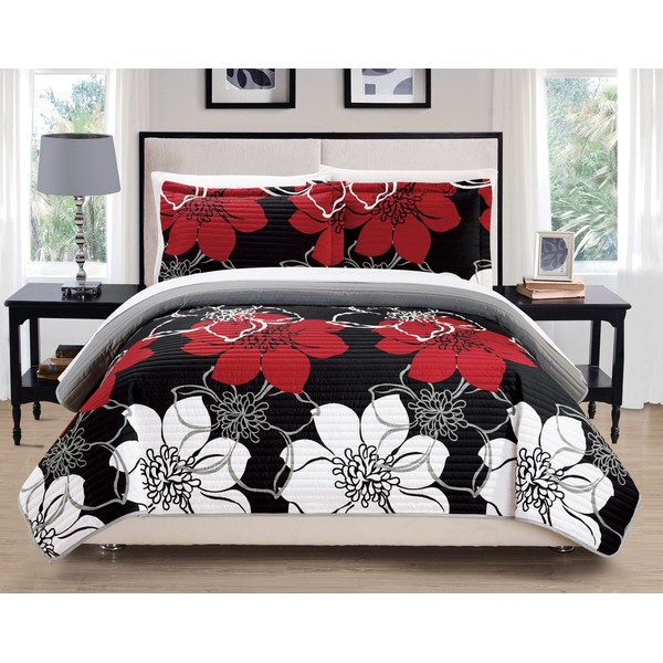 Chic Home Woodside 3 Piece Quilt Set Abstract Large Scale Printed Floral-Decorative Pillow Sham Included, King, Black