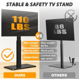 TAVR Universal Floor TV Stand Base for 32-75 Inch TVs up to 110 Lbs with Swivel Height Adjustable Mount, Black Tempered Glass Base for Media Storage and Space Saving