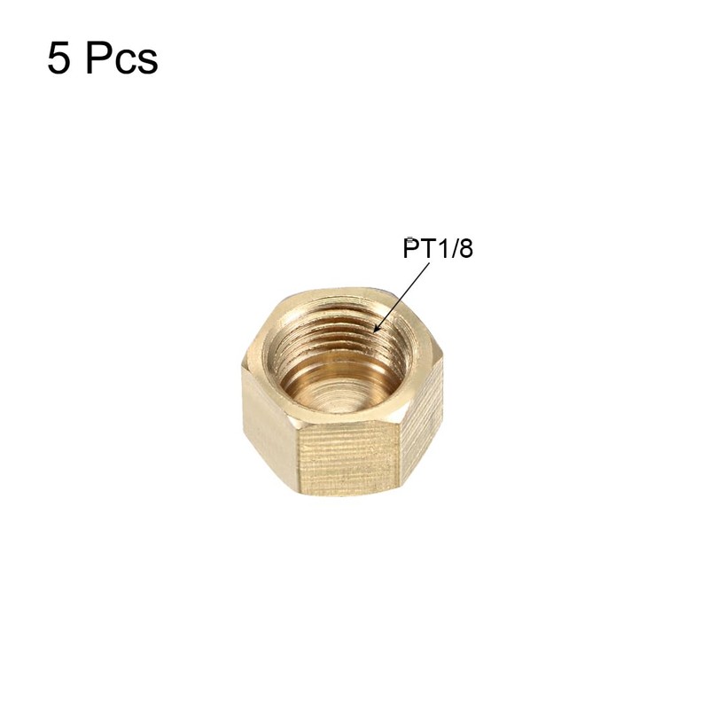 uxcell 1/8-Inch Brass Cap 5pcs PT1/8 Female Pipe Fitting Hex
