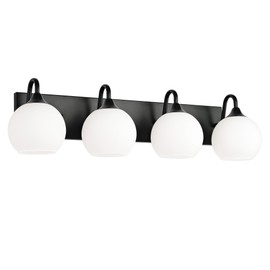 Emak 29 Inch Black Vanity Lights with Milk Glass Shade, 4-Light Bathroom Light Fixtures Over Mirror, Modern Farmhouse Globe Wall Sconces for Bathroom, Mirror, VL118-BK-ML-4