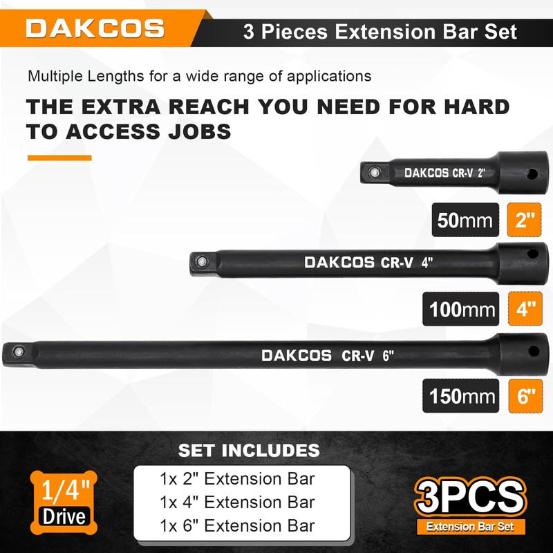 DAKCOS 1/4" Impact Extension Bar Set, 3 Piece Socket Extension