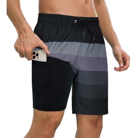 SHEKINI Mens Quick Dry Swimming Trunks with Compression Liner 2 in 1 Beach Shorts with Zip Pockets, Black Grey, Medium
