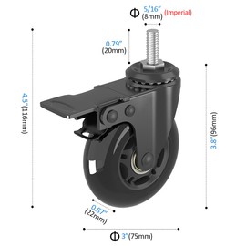 3" Swivel Stem Caster Wheels Set of 4 (2 Castors with Brake,2 no) with Heavy Duty Threaded Stem 5/16"-18,360 Degree Range,Safety Dual Locking Industrial PU Wheel,Load Capacity 150lbs Per Caster