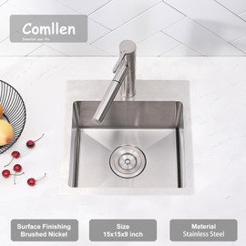 Comllen 15x15 Inch Drop In Bar Sink,18 Gauge Stainless Steel Top Moute Small Kitchen Sink,9 Inch Deep Single Bowl Brushed Nickel Small Bar Sinks With Stainless Steel Grid & Strainer