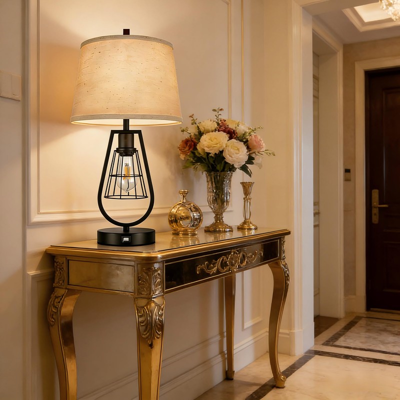 cattino Farmhouse Table Lamps with USB Ports, Industrial Bedside Lamps