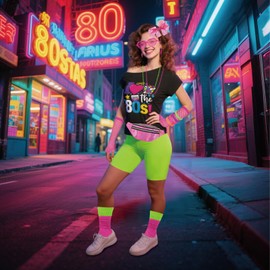 Xintorch 80s Accessories for Women 80s Neon Women Socks Holographic Fanny Pack Lace Headband Earrings Fishnet Gloves Necklace Bracelet for 80's Party