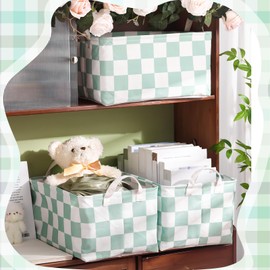 Boao 3 Pcs Checkered Storage Bin Large Rectangular Storage Basket Collapsible Gingham Cube Bins Canvas Laundry Basket Foldable Box with Handle for Office Home Bedroom Clothes Cars(Sage)