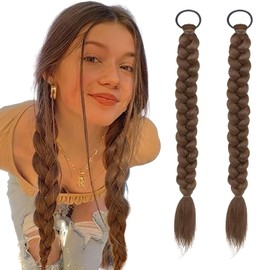 2Pcs Braided Ponytail Extensions with Hair Ties Soft Synthetic Hair Pieces Straight Wrap Around Hair Extensions Pony Tail Hairpieces Accessories for Women Daily Wear 16 Inch (Light Brown)