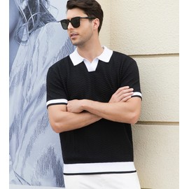 Alex Vando Mens Knit Polo Shirts Casual Short Sleeve Johnny Collar Golf Shirts,Black,L