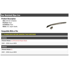 Marketplace Auto Parts Rear Windshield Wiper Arm with Blade - Compatible with 2001-2006 Acura MDX