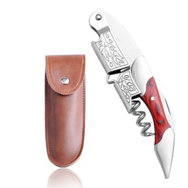 Premium Stainless Steel & Rosewood Waiter's Corkscrew, Professional Waiter's Corkscrew for Wine Bottles, 3-in-1 Wine Opener, Robust, Robust Stainless Steel, Real Wood Handle (C-Black Wood)