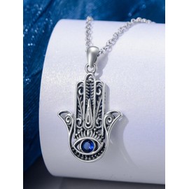 Qyvit Hamsa Necklace 925 Sterling Silve Blue Evil Eye Hamsa Hand Pendant Protection Third Eye Necklace Evil Eye Necklace Hamsa Hand Jewelry Gifts for Women