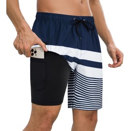 SHEKINI Mens Quick Dry Swimming Trunks with Compression Liner 2 in 1 Beach Shorts with Zip Pockets, Blue White, XX-Large