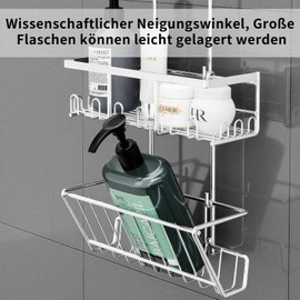 RUIHANDA Double Shower Shelf No Drilling [Additional Storage Space] - Shower Shelf for Hanging on the Tap, with Multiple Hooks, Sturdy Shower Shelf, [No Sticking], Silver