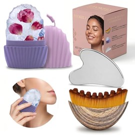 Kit de Skincare Facial 3 en 1, Sistema de Drenaje Linfático con Gua Sha de Acero Inoxidable, Cepillo Ergonómico y Rodillo de Hielo para Rostro