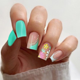 French Tip Press on Nails Medium Square Coffin Fake Nails with Colorful Daisy Design Glue on Nails Acrylic Nails Decorate False Nails with Glue Glossy Green Stick on Nails For Women Girls 24Pcs