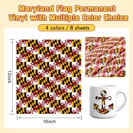 Tintnut Maryland Flag Permanent Vinyl- 8 Sheets 12"x10", Maryland State Flag Permanent Adhesive Vinyl for Cutting Machine,Home Decor Self Sticker