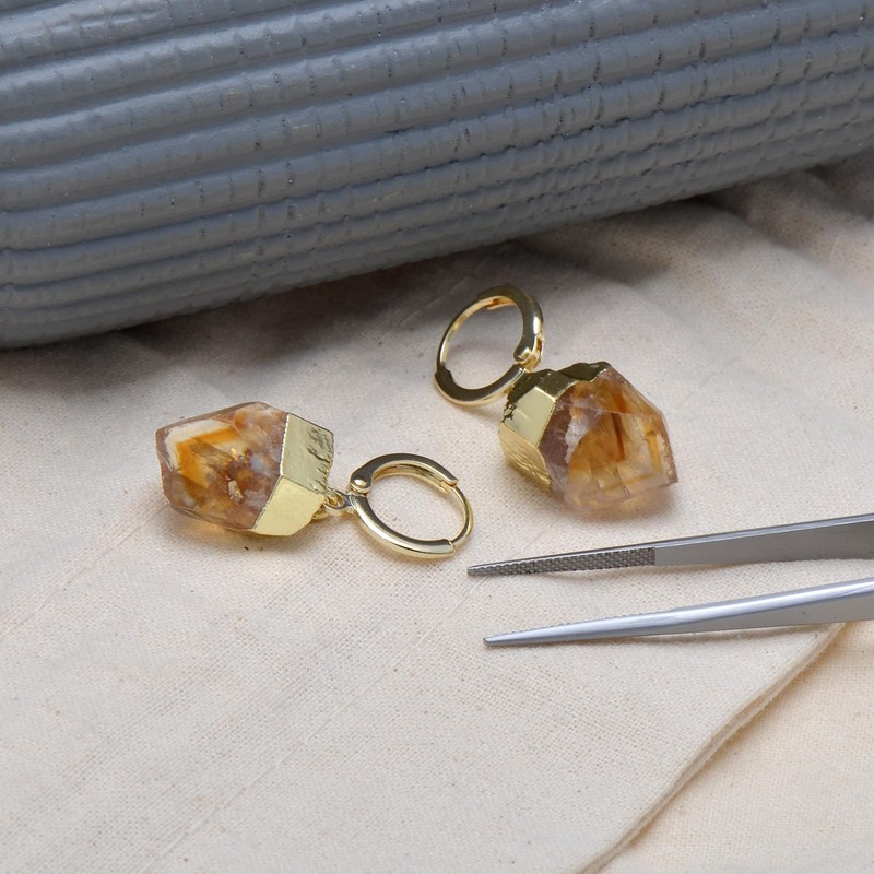 Yellow Citrine Rough Stone Crystal Point Dangle Earrings for Women,