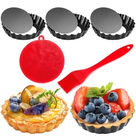4 Inch Mini Tart Pans with Removable Bottom, Nonstick Quiche Pan Round, Mini Pie Pans with Oil Brush&Silicone Scrubber, Heavy Duty Fluted Side for Pies, Mousse Cakes, Dessert Baking (4-inch Set of 4)