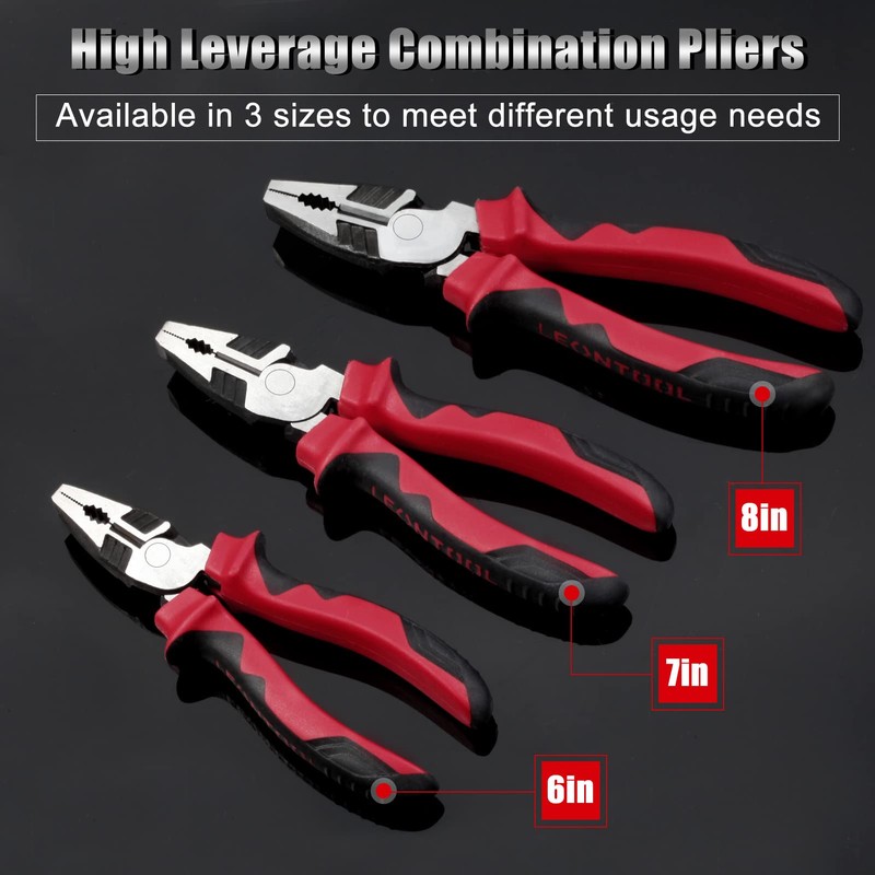LEONTOOL 8-Inch High Leverage Combination Pliers Serrated Jaw Side Cutters