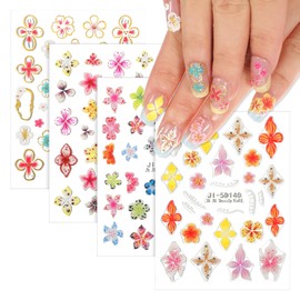 Flower Nail Stickers for Nail Art 5D Embossed Hibiscus Nails Stickers Decals White Pink Yellow Lily Floral Summer Spring Flower Nail-Art Supplies for Women Girls Nails Art Decorations