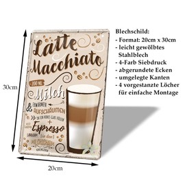 helges-shop Latte Macchiato Tin Sign - Retro Decorative Coffee Espresso Sign - Metal Sign for Decorating Kitchen Coffee Shop American Diner Cafe Bistro - Instructions Recipe Preparation - 20 x 30 cm