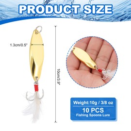 PATIKIL Fishing Spoons, 10 Pcs 3/8 oz Fishing Lures Casting Spoon Treble Hooks Jigs Hard Metal Spinner Baits for Freshwater Saltwater Salmon, Gold Tone