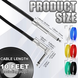 Fiada 6 Pack Guitar Cable 10 ft Instrument Cable 1/4 Inch Electric Guitar Amp Cord Right Angle to Straight Bass Accessories for Stage Keyboard Effector Microphone Mixer Speakers(Multicolored)