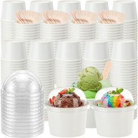 200 Pack Ice Cream Cups with Dome Lids No Hole and Spoons Bulk Disposable Paper Dessert Bowls White Sundae Containers for Snack Yogurt Soup Birthday Summer Ice Cream Party Supplies (6 oz)