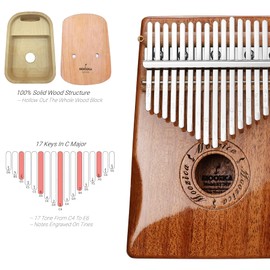 MOOZICA 17 Keys Kalimba Thumb Piano, Solid Mahogany Wood Professional Kalimba Marimba with High-gloss Finishing Musical Instrument Gift (Burlywood-K17MP)