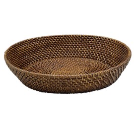 amololo Large Rattan Fruit Basket Bread Serving Bowl with 4" High Wall, Dark Brown Trapezoid Wicker Basket Tray for Table Centerpiece, Woven Vanity Basket Fruit Bowl for Home Décor