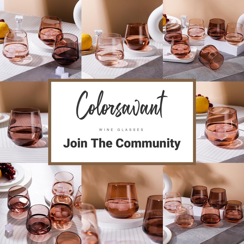 Colorsavant Venus Stemless Brown Wine Glasses Set 6-14oz, Melanin Colored,