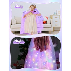 Phobby Princess Dress Up Clothes for Girls 3 4 5 6 Years Old, Light Up Princess Cape with Crown & Purse, Princess Costume for Birthday Party Gift (Purple)