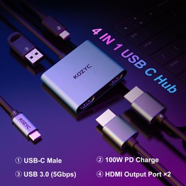 USB C to Dual HDMI Adapter 4K@30Hz, KOZYC USB C Hub Multiport Adapter with 2xHDMI, USB 3.0, 100W PD, Support Splitter function Extended Display for MacBook Pro Air Dell (MST For Windows Only)