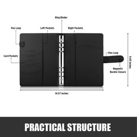 Sooez A5 Notebook Binder, 6 Ring Planner with Stylish Design, Loose Leaf Personal Organizer Binder Cover with Magnetic Buckle Closure, PU Leather Binder for Women with Macaron Colors (Black)