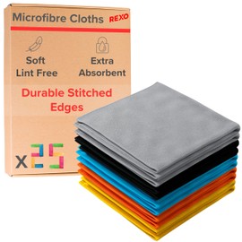 REXO® Microfibre Cleaning Cloth - Pack of 25, Reusable, Multi-Surface, Lint Free Cleaning Cloths - Stitched Edges, Ultra Absorbent, Soft, Durable for Kitchen, Car & More (5 Colours, 30x30 cm)