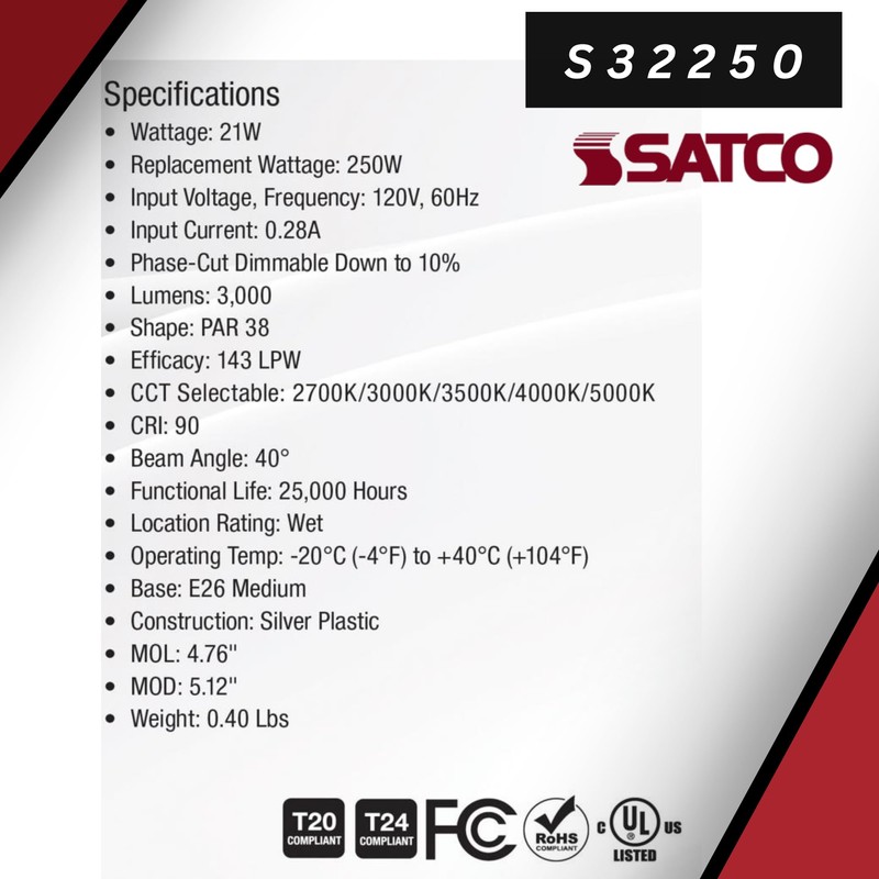 Satco S32250 21 Watt PAR38 High Lumen LED; 27K/30K/35K/40K/50K CCT