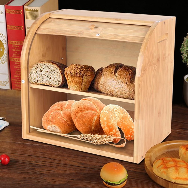 WANLECY Bamboo Bread Box, 2 Layer Bread Bin for Kitchen