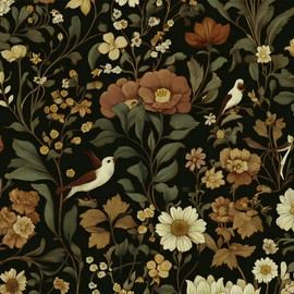 Jeweluck Dark Floral Peel and Stick Wallpaper Bird Floral Contact Paper 16.9" x 196.8" Vintage Bird Wallpaper Peel and Stick Boho Flower Leaf Contact Paper Self Adhesive Removable Wall Decor Vinyl